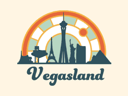 Illustration of Vegasland skyline with famous landmarks in silhouette against a stylized sunburst background.