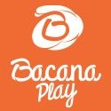 Bacana Play logo with elegant white typography and design elements on an orange background.
