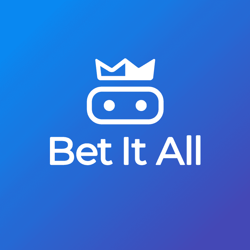 Logo with a robot face and crown above text 'Bet It All' on blue gradient background.