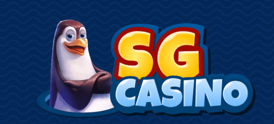 Cartoon penguin beside SG Casino logo on blue wavy background.